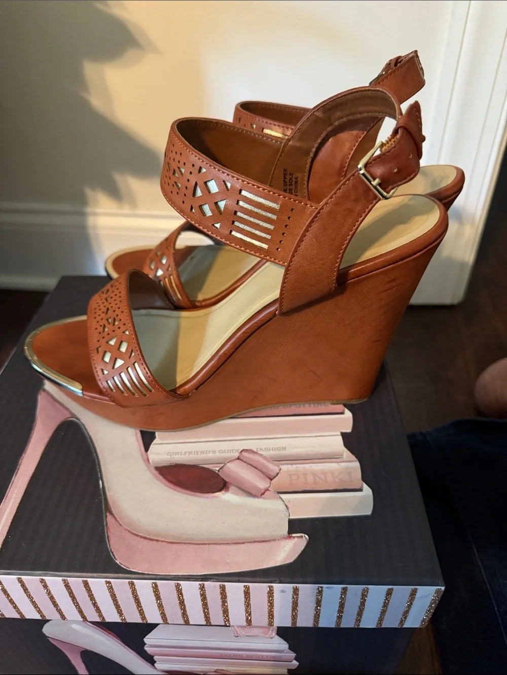 me too Tan Perforated Ankle-Strap Sandals